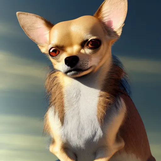 Image similar to chihuahua standing on a hill looking like a lion but it's a chihuahua, highly realistic digital art, 4 k, raytracing