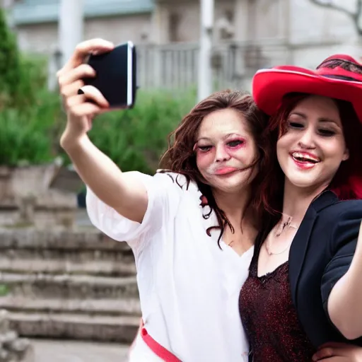 Prompt: A woman taking a selfie with a vampire