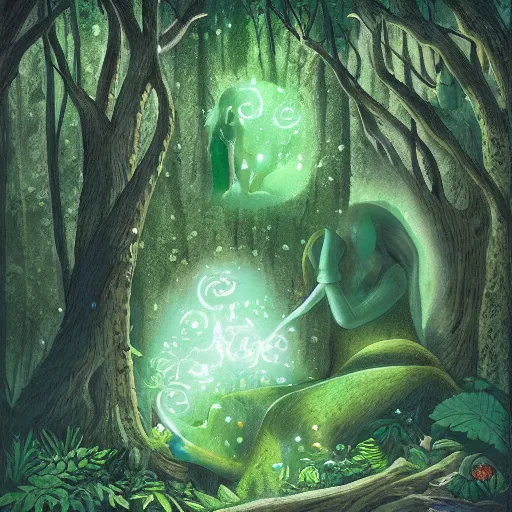 Image similar to a green genie deep in the forest, fantasy illustration