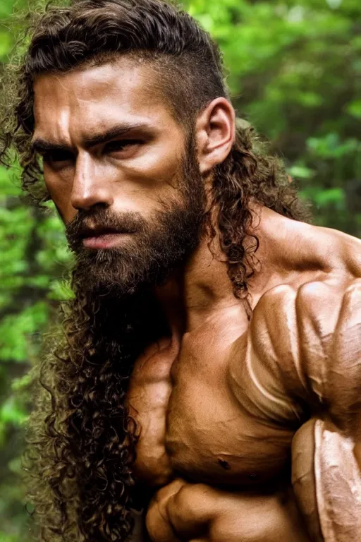 Image similar to close up, portrait of a muscular man, chiseled features, beautiful flowing brown curly hair, mythological, god of nature, defined muscles, artsy photography, film photo, 4 k, model posing, deep tan skin, trending on artstation, fashion photography, yellow eyes, overgrown background, dryad, verdant forest, face