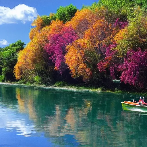 Prompt: picture yourself in a boat, on a river, with tangerine trees and marmalade skies