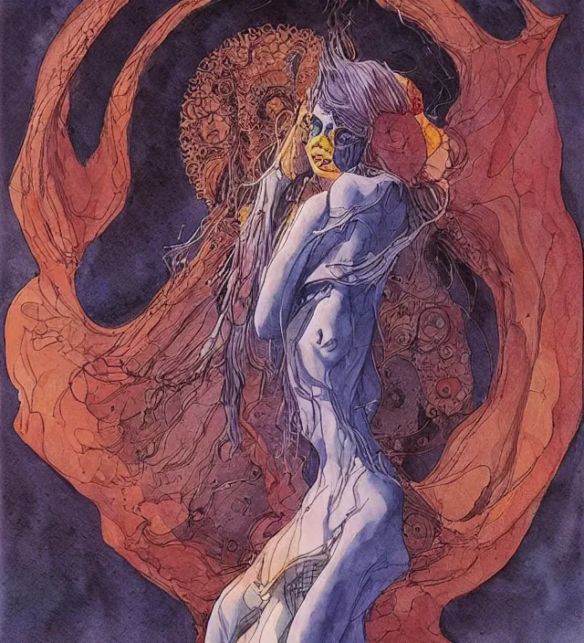 Image similar to a watercolor ink painting of the primordial goddess of the dark in the style of jean giraud in the style of moebius trending on artstation deviantart pinterest detailed realistic hd 8 k high resolution