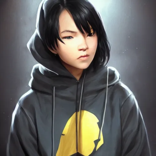 Prompt: cassandra cain in a hoodie and shorts, sitting in a dark movie theater, wearing makeup bokeh, beautiful face!!!!, 2 7 years old, cg animation, lifelike, animated, realistic, character select portrait, by artgerm, greg rutkowski, 3 d