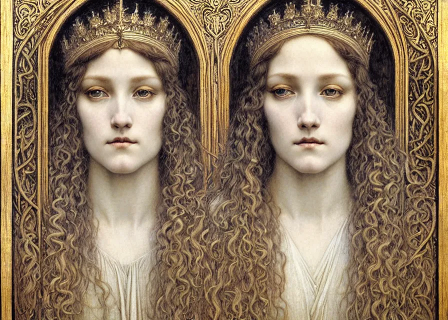 Image similar to detailed realistic beautiful young medieval queen face portrait by jean delville, gustave dore and marco mazzoni, art nouveau, symbolist, visionary, gothic, pre - raphaelite. horizontal symmetry