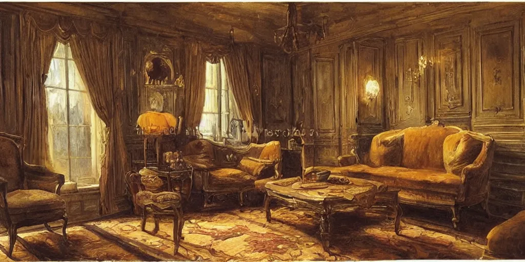 Image similar to brown cat with yellow eyes is sitting at sofa in a draw room at paris in early 2 0 th century. big room, high ceiling, high windows, atmospheric feeling, warm colours, brown colours, yellow colours, epic scene, cinematic, very detailed, hyperrealistic painting style