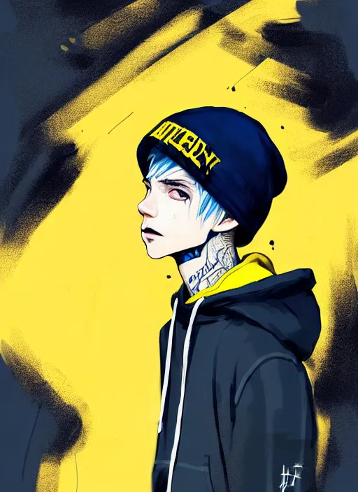 Image similar to highly detailed portrait of basketball boy punk student, blue eyes, tartan hoody, hat, white hair by atey ghailan, by greg tocchini, by kaethe butcher, gradient yellow, black, brown and cyan color scheme, grunge aesthetic!!! ( ( graffiti tag wall flat colour background ) )