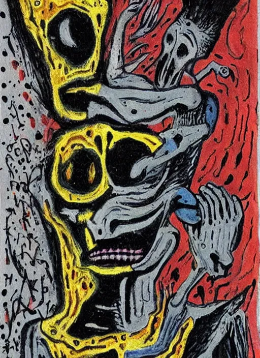 Image similar to a horror mad portrait of extraterrestrial art brut by a psycho man, full color outsider crazy marginal art