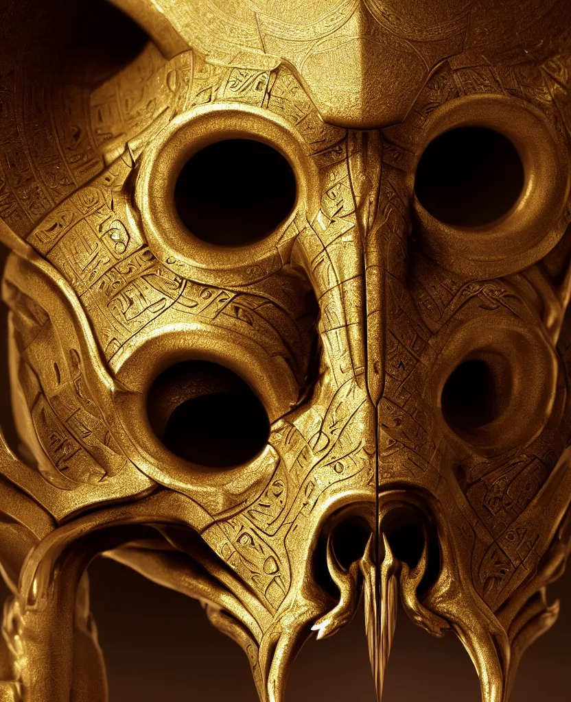 Image similar to Photorealistic epic egyptian god face close-up portrait ram skull, jackal skull, gold. ominous, ancient magic, intricate artwork by Tooth Wu and wlop and beeple and ryohei hase. octane render, trending on artstation, greg rutkowski very coherent symmetrical artwork. cinematic, hyper realism, high detail, octane render, 8k