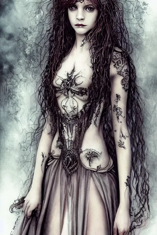 Image similar to dressed Hermione conjures in tattoos, by luis royo, beautiful gown, beautiful eyes, Beautiful face, by Aggi Erguna, high detail, high resolution