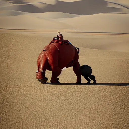 Image similar to Elmo riding a hippo through a desert landscape