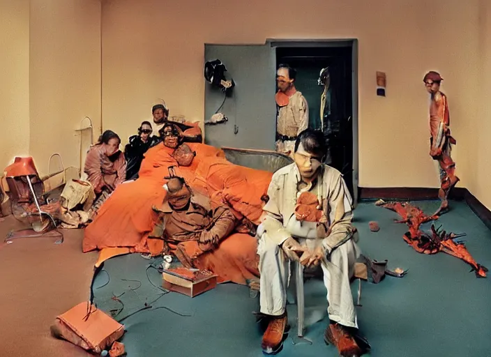 Image similar to a still from the movie one flew over the cuckoo's nest by francis bacon and norman rockwell and james jean, and mark brooks, triadic color scheme, by greg rutkowski, syd mead and edward hopper and norman rockwell and beksinski, dark surrealism, orange and turquoise