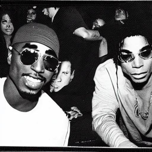 Prompt: Tupac and Michael Jackson hanging out at a bar, grainy photo, found footage, hidden camera.
