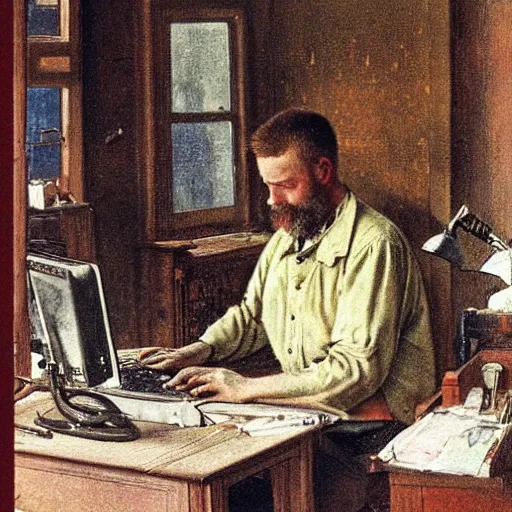 Prompt: Guy working on computer by Carl larsson