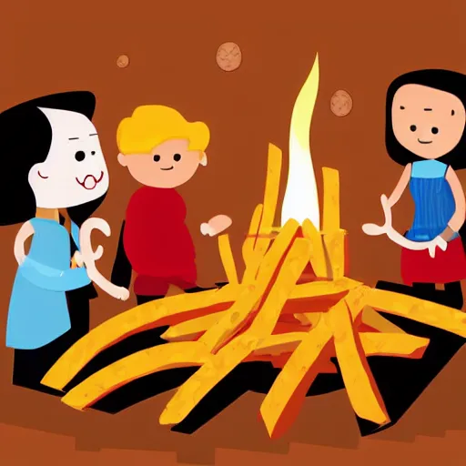 Image similar to family of fries making a campfire on the moon