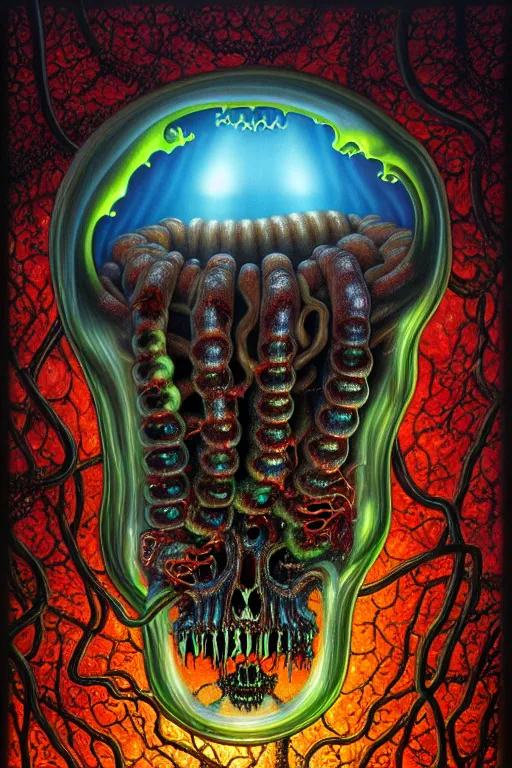 Image similar to a detailed photorealistic image of a transparent jelly nightmare zombie horror machine depth of field electronic chemistry by johfra bosschart, lisa frank, dark fantasy art, high detail, trending on artstation