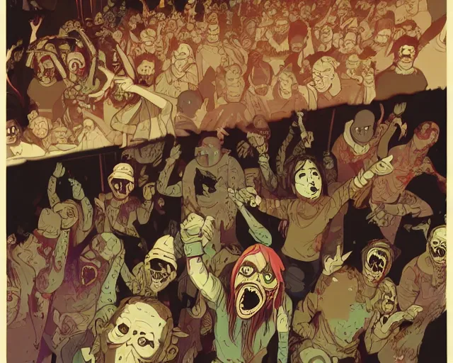Prompt: a study of cell shaded cartoon of zombies raving in a nightclub, illustration, wide shot, subtle colors, post grunge, concept art by josan gonzales and wlop, by james jean, Victo ngai, David Rubín, Mike Mignola, Laurie Greasley, highly detailed, sharp focus, alien, Trending on Artstation, HQ, deviantart, art by artgem