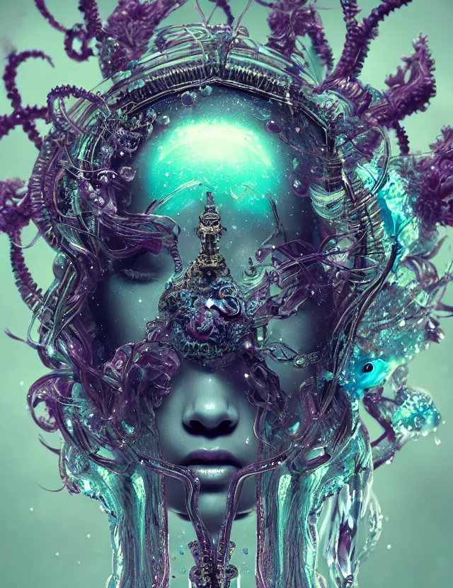 Image similar to goddess macro close - up portrait in crown made of ram skull. betta fish, jellyfish phoenix, bioluminiscent, plasma, ice, water, wind, creature, super intricate ornaments artwork by tooth wu and wlop and beeple and greg rutkowski