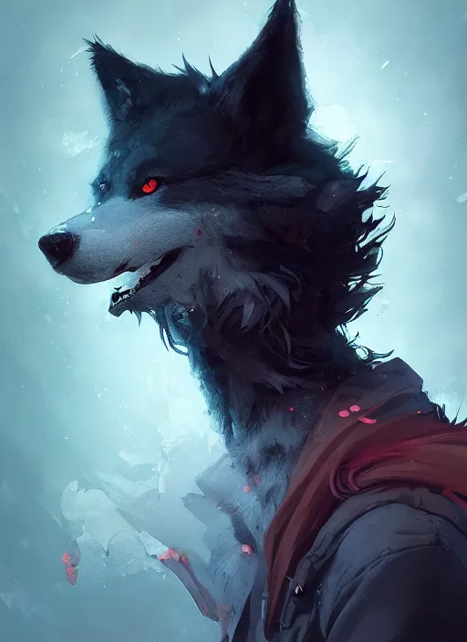 Prompt: beautiful portrait of a black male anthropomorphic wolf fursona long red hair. character design by cory loftis, fenghua zhong, ryohei hase, ismail inceoglu and ruan jia. artstation, volumetric light, highly detailed, photorealistic, fantasy, rendered in octane