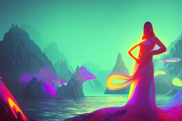 Prompt: wide ((wide)) photo of surreal beautiful beautiful woman (((dynamic neon lighting)) in chromatic dmt trippy lake with glowing birds, mountains, elegant, highly detailed, sharp focus, illustration, beautiful, geometric, trending on artstation, cinematic, artwork by Tran, Ross and Aivazovsky, Ivan