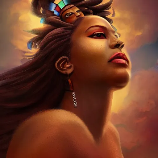 Prompt: a colossal goddess, creative, brown skin, giant, digital art, in the city, in town, high quality, low angle, photo manipulation, up there, fire hair, digital painting, smoke, artstation, vibrant colors