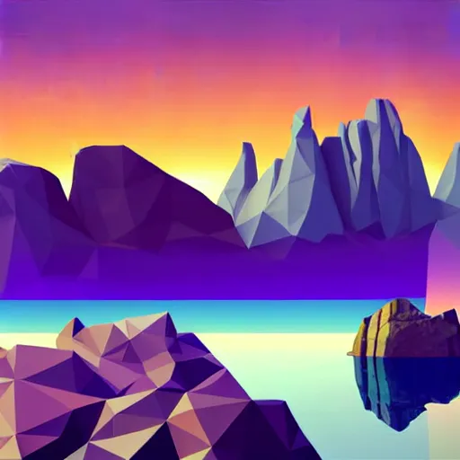 Prompt: super detailed color lowpoly art, northern sunset with rocks on front, monochrome photorealistic bay in the middle of perspective and mountains at background, big graphic vessel, unreal engine, high contrast color palette, 3 d render, lowpoly, colorful, digital art, perspective, full volume composition, robb cobb, robert mccall, syd mead