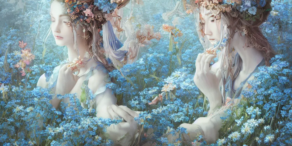 Prompt: breathtaking detailed concept art painting of few goddesses of light blue flowers, orthodox saint, with anxious, piercing eyes, ornate background, amalgamation of leaves and flowers, by Hsiao-Ron Cheng, James jean, Miho Hirano, Hayao Miyazaki, extremely moody lighting, 8K