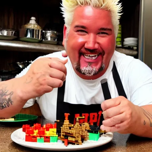 Prompt: guy fieri smiling ear to ear after making a lego food dish