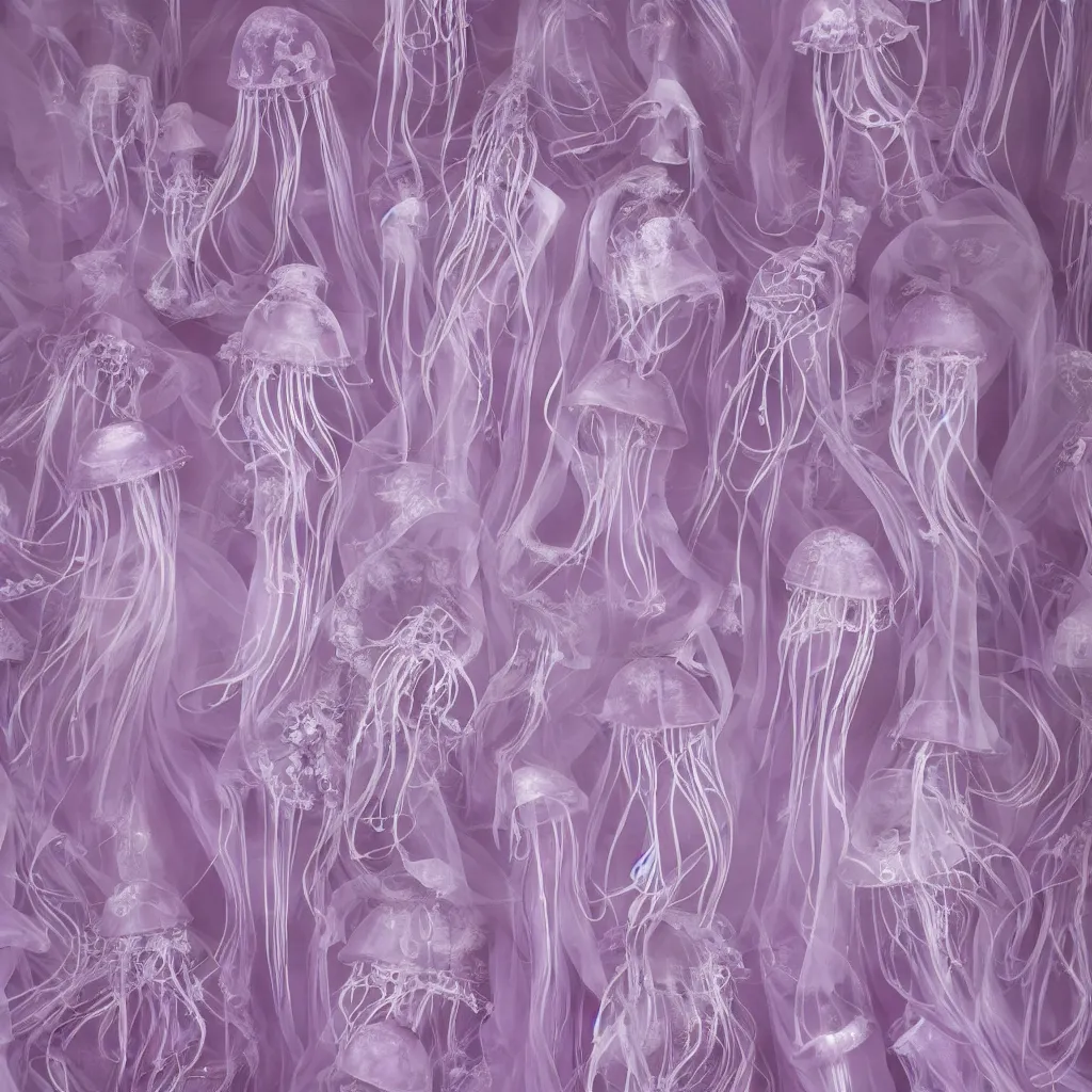 Image similar to purple dress in the style of baroque ，Victorian era，jellyfish element，dreamy, soft ,Backlight ,luminescence，highly detailed,8k