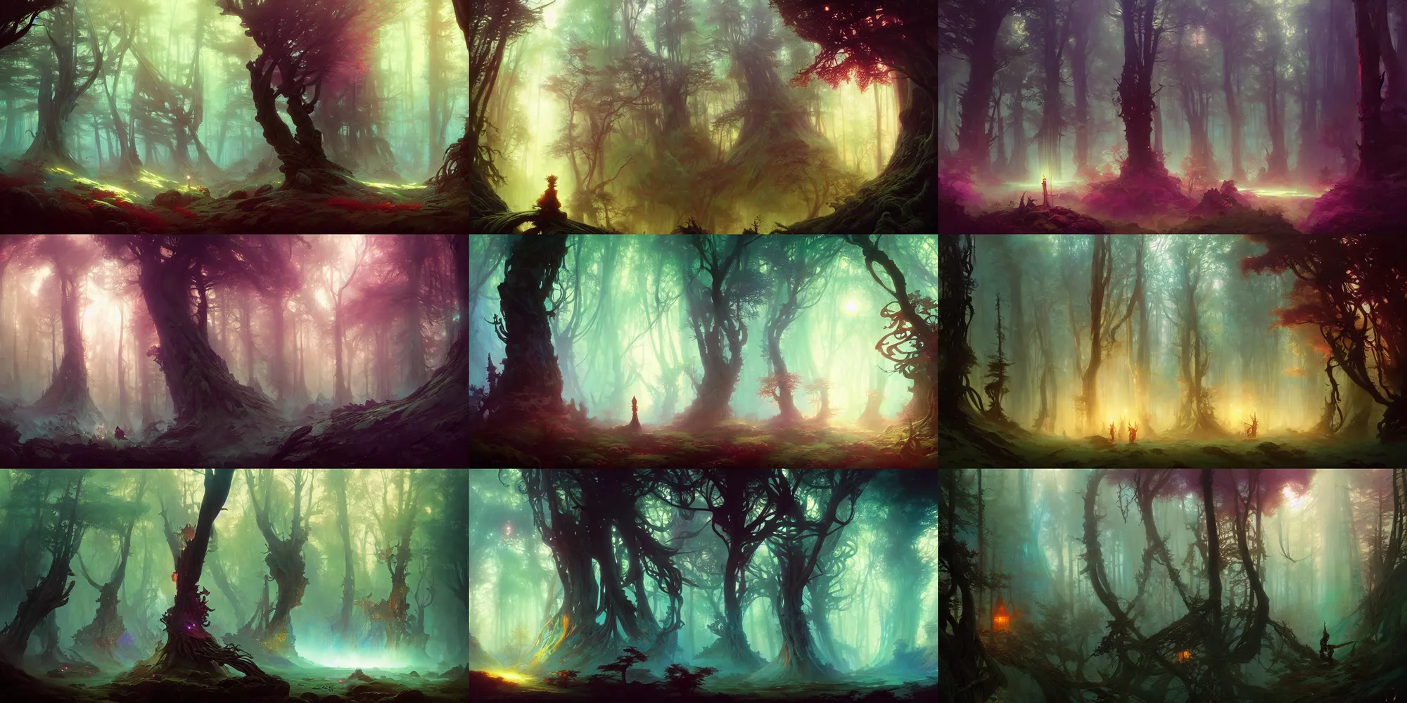 Prompt: mystical forest, fantasy, art by finnian macmanus, ross tran, peter mohrbacher, reza afshar, ivan aivazovsky, marc simonetti, victo ngai, alphonse mucha