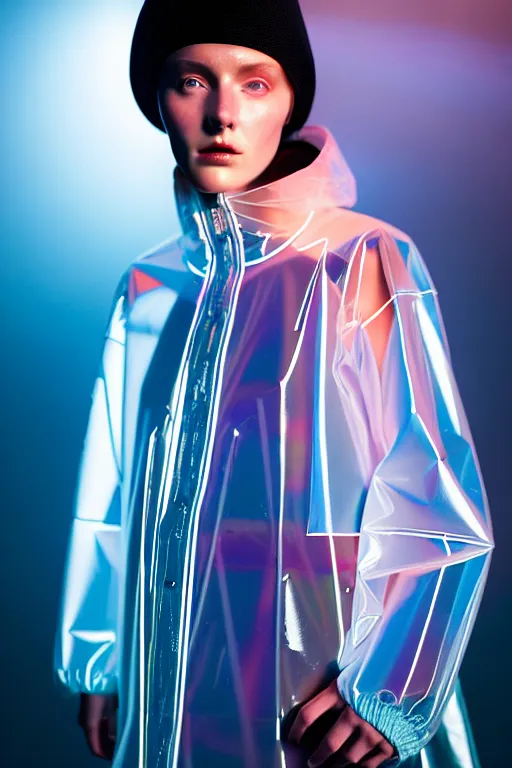 Image similar to an ultra high definition professional high fashion portrait studio full length photograph of a model wearing a transparent pearlescent raincoat and neon visor in an icelandic black rock environment at dawn. no artefacts. extremely detailed. stark. refraction. shallow depth of field. volumetric light and shadow. ray tracing. light rays.