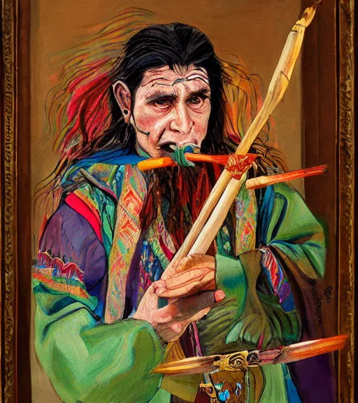 Image similar to Painting in a style of Lord of the rings of a shaman dressed in a colorful traditional clothes. He is smoking a pipe