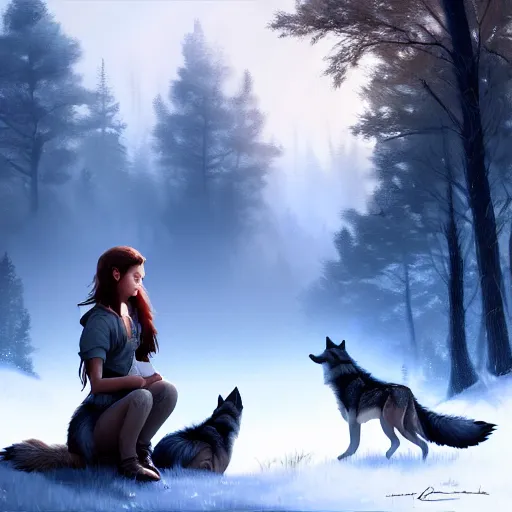 Image similar to a pretty girl petting a pack of wolves, in the woods, digital painting, photorealistic, in the style of greg rutkowski, full body, detailed face, unreal engine, 4 k