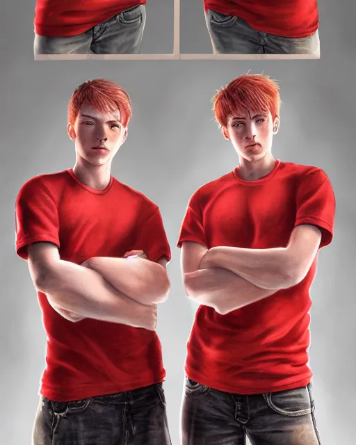 Image similar to portrait of 1 9 - year - old male twins with red hair and freckles, two male, wearing shirts,, hyper realistic face, beautiful eyes, character art, art by mark brooks, hyperdetailed, cryengine, trending on artstation, digital art