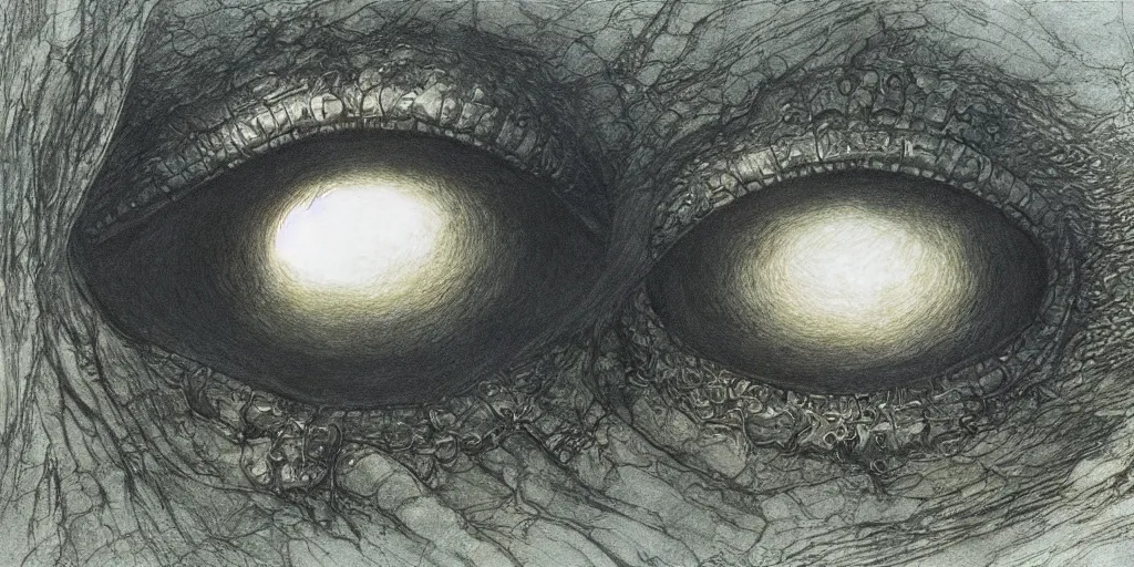 Image similar to the eye of Sauron, the lord of the rings, by John Howe, by Alan Lee