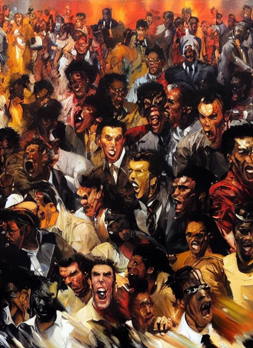 Prompt: kramer!! michael richards holding microphone in the middle of a horde of african americans, rioting, kramer torn apart painting by phil hale, 'action lines'!!!, graphic style, visible brushstrokes, motion blur, blurry