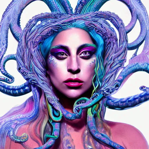 Image similar to an extremely psychedelic portrait of lady gaga as medusa, surreal, lsd, face, detailed, intricate, elegant, lithe, highly detailed, digital painting, artstation, concept art, smooth, sharp focus, illustration,