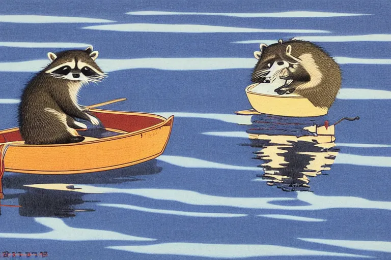 Prompt: raccoon dressed in a kimano floats on a boat on the waves, Hasui Kawase, dramatic