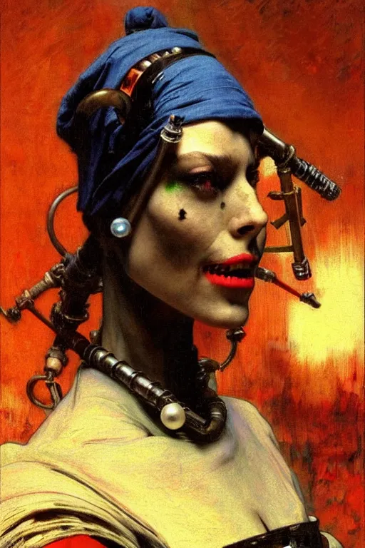 Image similar to full character portrait max mad cyberpunk warhammer 4 0 k, tech priest not the girl with the pearl earring character design, painting by gaston bussiere, katsuya terada, wyeth, ( ( ( ( ( vermeer ) ) ) ) ), frank frazetta, mucha, tom of finland, trending on artstation