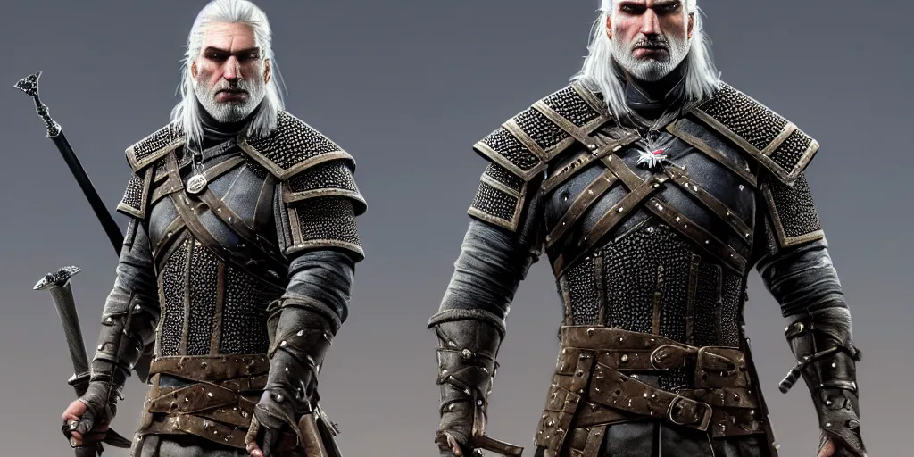 Image similar to geralt from syria new costume concept design with metal sholders and ornaments on the armor, witcher wild hunt, layered armor, fashion, colors with gold and dark blue, concept art, by artgerm, greg rutkowski, cinematic light, featured on artstation, octane render, sharp focus, ray tracing, artstationhq, cgsociety, 8 k.