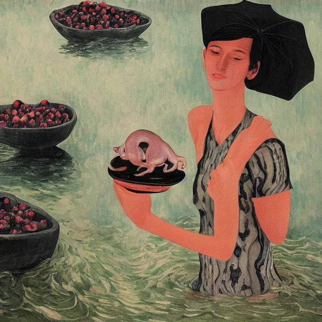 Image similar to tall emo female artist holding a pig's trotter in her flooded kitchen, pomegranates, octopus, water gushing from ceiling, painting of flood waters inside an artist's apartment, a river flooding indoors, ikebana, zen, rapids, waterfall, black swans, canoe, berries, acrylic on canvas, surrealist, by magritte and monet