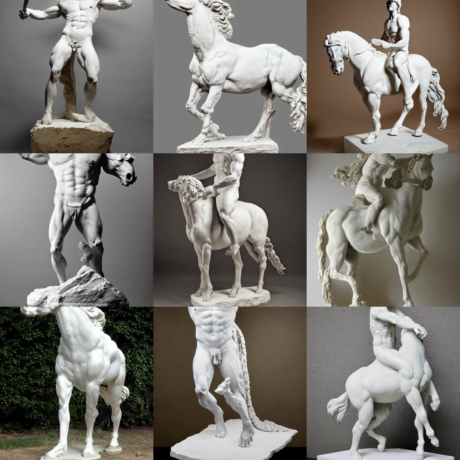 Prompt: studio photo of a white greek statue of a centaur!!! centaur centaur, human horse chimera, human torso horse body, taur, centaur, chiron