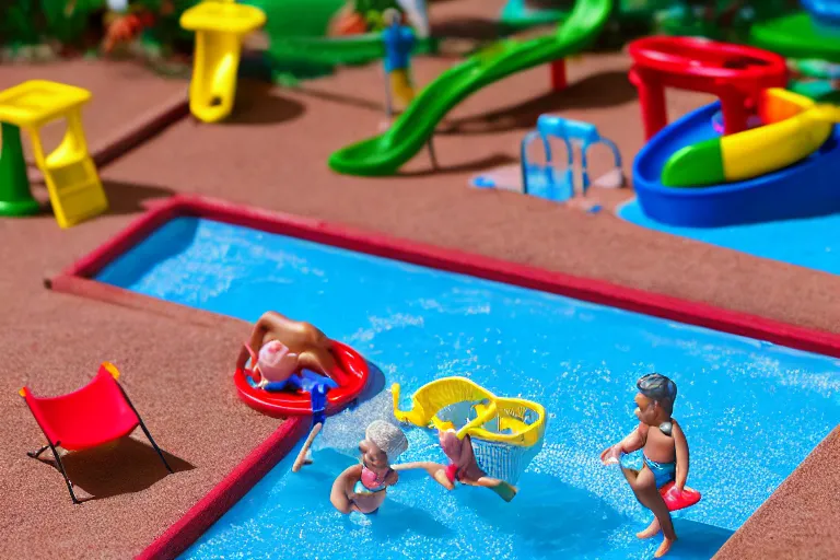 Image similar to fisher price public pool, california, in 2 0 1 5, sharp focus, scene from tv show hyper detailed 5 5 mm 8 5 mm, toy photography, made out of plastic