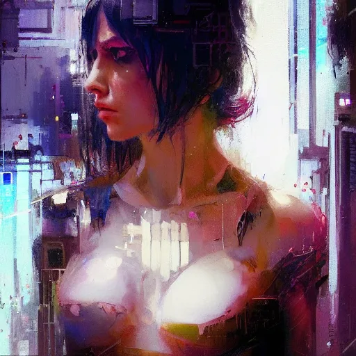 Prompt: portrait of a beautiful girl, cyberpunk, intimate, city, beautiful face, rule of thirds, spotlight, expressive, passionate, by greg rutkowski, by jeremy mann, by francoise nielly,, 4 k, 8 k, correct body proportion, fine art