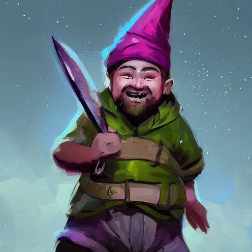 Prompt: male gnome youth adventurer with purple skin, by Ismail Inceoglu, wearing leather adventuring clothes, shabby, short, kid, bald, wielding knife, happy grin, character portrait closeup, digital art, dungeons and dragon, character