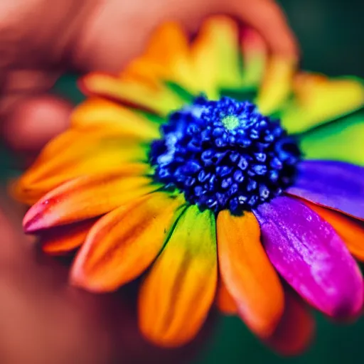 Image similar to closeup photo of rainbow - colored flower with 7 petals, held by hand, shallow depth of field, cinematic, 8 0 mm, f 1. 8