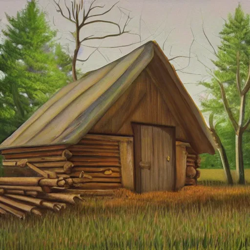 Image similar to a painting of a eerie cabin in the middle of the woods in the style of grant wood