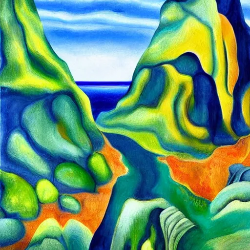 Image similar to detailed painting of a lush natural scene on an alien planet by georgia o'keeffe. beautiful landscape. weird colourful vegetation. cliffs and water.