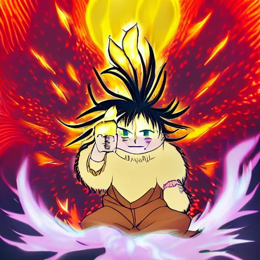 Image similar to fluffy exploding popcorn elemental spirit, in the style of a manga character, with a smiling face and flames for hair, sitting on a lotus flower, clean composition, symmetrical