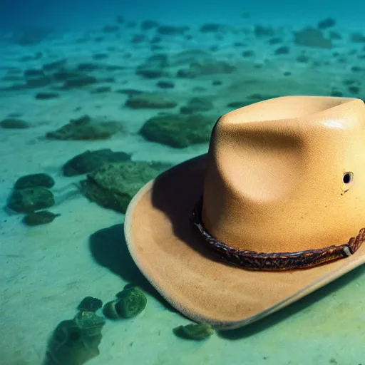Prompt: photograph of a cute fish wearing a cowboy hat, underwater photograph, clear image, 4 k resolution, award winning, nature documentary