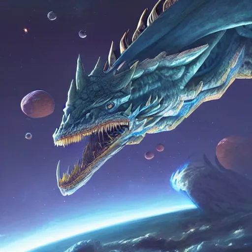 Prompt: Gigantic blue scaled dragon devouring an earth like planet while flying in space, dinosaur, sun system, nebula, oil painting, by Fernanda Suarez and Edgar Maxence and Greg Rutkowski